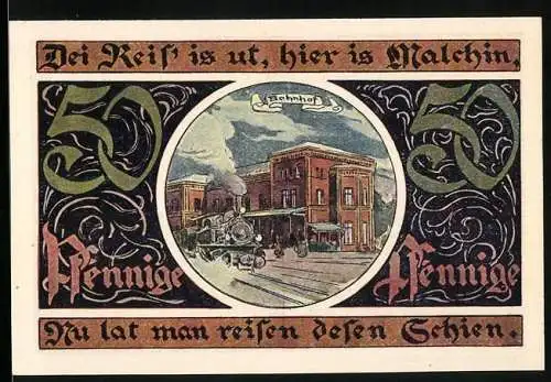 Notgeld Malchin 1922, 50 Pfennig, Bahnhof und Stadtwappen