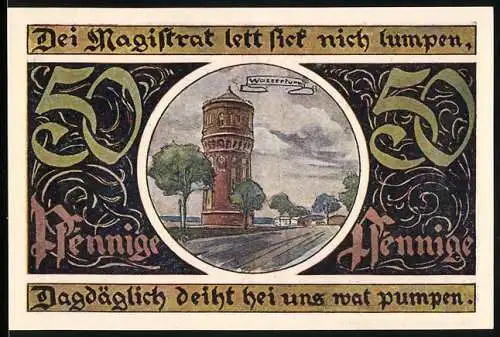 Notgeld Malchin, 1922, 50 Pfennig, Wasserturm und Stadtwappen, Gültigkeit bis 31. Dezember 1922