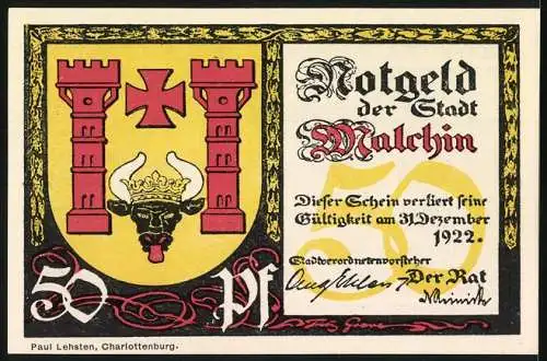 Notgeld Malchin, 1922, 50 Pfennig, Wasserturm und Stadtwappen, Gültigkeit bis 31. Dezember 1922