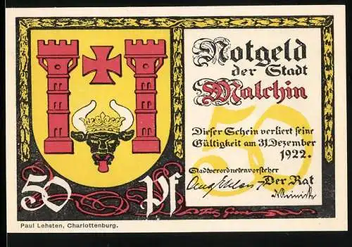 Notgeld Malchin 1922, 50 Pf, Stadtwappen mit Stierkopf und Steintor