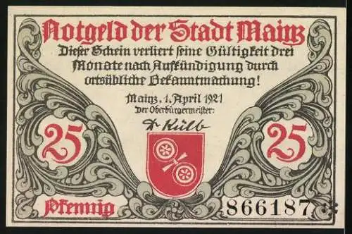 Notgeld Mainz 1921, 25 Pfennig, Römischer Legionärshelm und Stadtwappen, grün und rot verziert