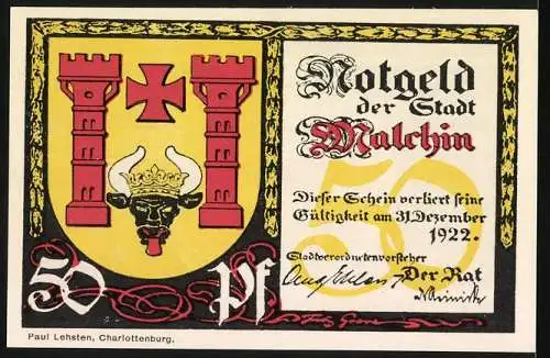 Notgeld Malchin, 1922, 50 Pfennig, Stadtwappen und historische Gebäudeabbildung