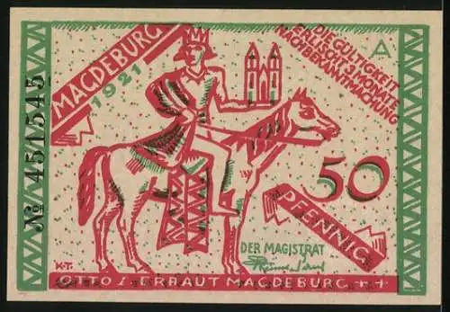 Notgeld Magdeburg 1921, 50 Pfennig, Alt-Magdeburg am Elbestrand & Otto I. auf Pferd