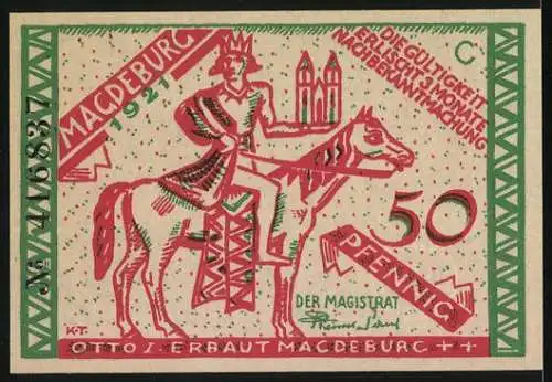 Notgeld Magdeburg 1921, 50 Pfennig, Darstellung von Otto I und der Magdeburger Halbkugeln