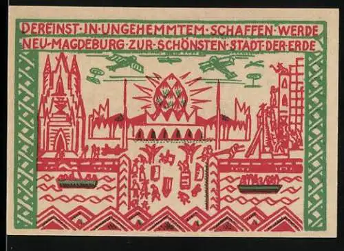 Notgeld Magdeburg 1921, 50 Pfennig, Otto I. erbaut Magdeburg, Stadtansicht und Reiterszene