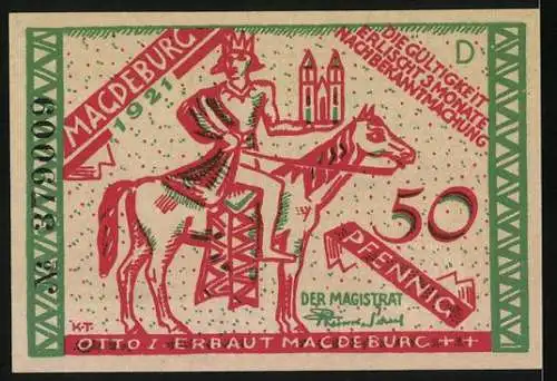 Notgeld Magdeburg 1921, 50 Pfennig, Otto I. erbaut Magdeburg, Stadtansicht und Reiterszene