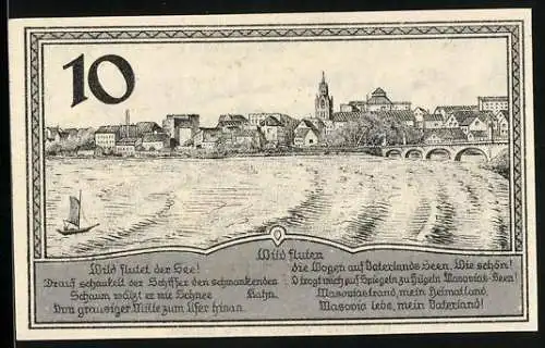 Notgeld Lyck 1920, 10 Pfennig, Stadtansicht und Wappen der Stadt Lyck