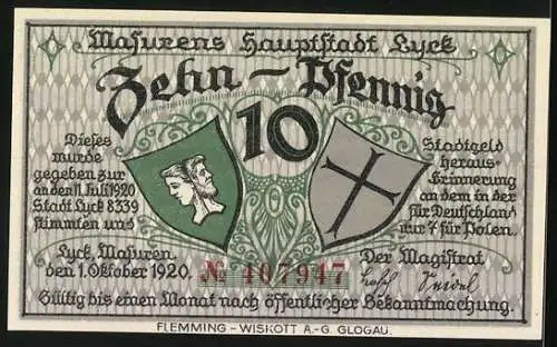 Notgeld Lyck 1920, 10 Pfennig, Stadtansicht und Wappen der Stadt Lyck