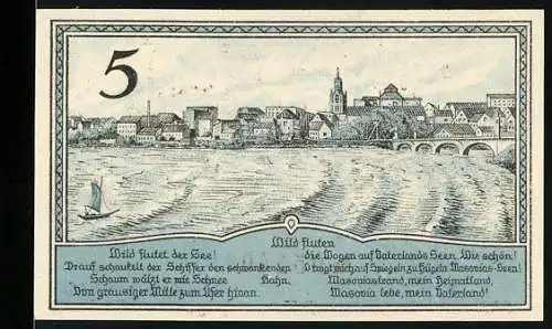 Notgeld Lyck, 1920, 5 Pfennig, Stadtansicht und Wappenabbildung