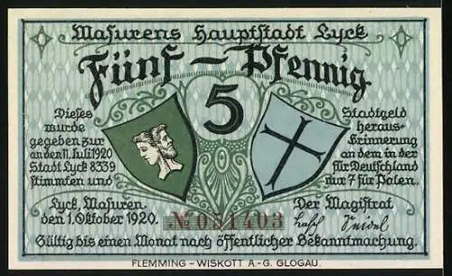 Notgeld Lyck, 1920, 5 Pfennig, Stadtansicht und Wappenabbildung