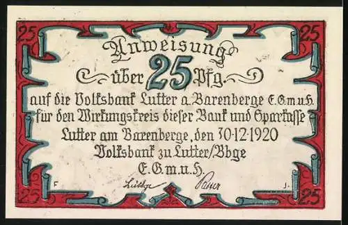 Notgeld Lutter am Barenberge, 1920, 25 Pf, Anweisung auf die Volksbank Lutter a. Barenberge