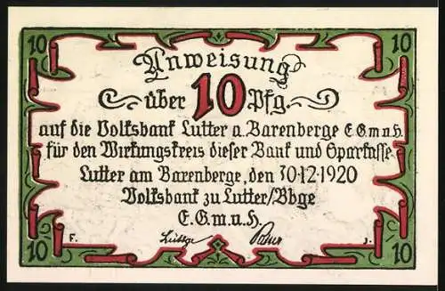 Notgeld Lutter am Barenberge 1920, 10 Pfennig, Darstellung der Schlacht bei Lutter am Barenberge 1626