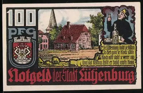 Notgeld Lütjenburg 1921, 100 Pfennig, Stadtansicht und humorvolle Szene mit Trinker