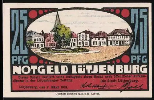 Notgeld Lütjenburg, 1921, 25 Pfennig, Stadtansicht und Turm mit Gebäude