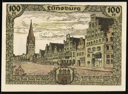 Notgeld Soltau, 100 Pf, Stadtansicht Lüneburg und Lüneburger Heide mit Karte und Schäfer