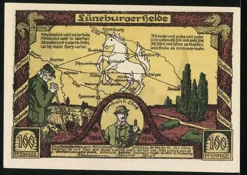 Notgeld Soltau, 100 Pf, Stadtansicht Lüneburg und Lüneburger Heide mit Karte und Schäfer