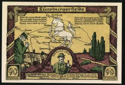 Notgeld Soltau, 90 Pf, Das Herz der Heide Böhmertal mit Landschaft und Lüneburger Heide Karte, 1866-1914