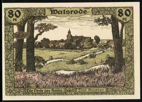 Notgeld Soltau, 80 Pfennig, Walsrode die Perle der Heide - Das Kloster, Karte der Lüneburger Heide und Hermann Löns