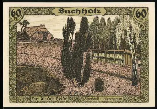 Notgeld Soltau, 60 Pfennig, Buchholz, Landschaft und Lüneburger Heide mit Karte und Portrait von Hermann Löns