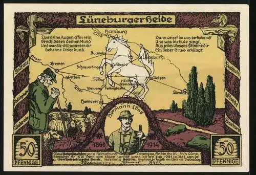 Notgeld Soltau, 50 Pf, Wilsede der Schatz der Heide Wilsederberg und Karte der Lüneburger Heide