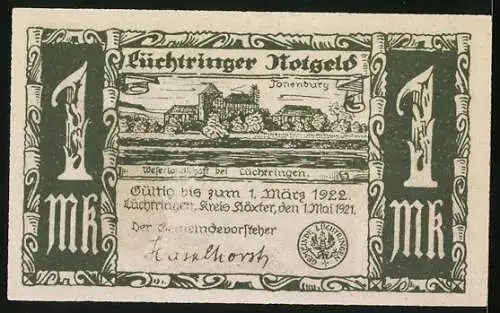 Notgeld Lüchtringen, 1921, 1 Mark, Zehnten abliefernde Weiber vor Schloss Corvey, gültig bis zum 1. März 1922