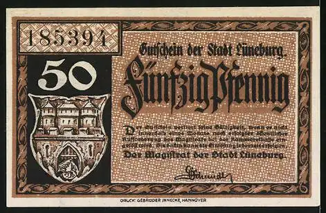 Notgeld Lüneburg, 50 Pfennig, Das Rathaus und Stadtwappen, 185391