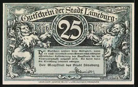 Notgeld Lüneburg, 1921, 25 Pfennig, Stadtansicht und Löwenornamente