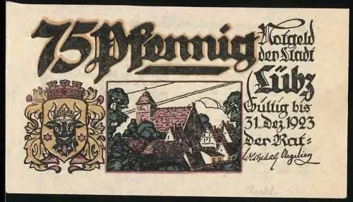 Notgeld Lübz 1923, 75 Pfennig, Wappen und Dorfansicht, Gedicht von Paul Warncke