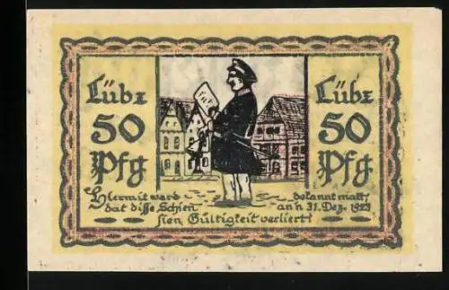 Notgeld Lübz, 1923, 50 Pfennig, Stadtansicht und Wappen der Stadt Lübz, gültig bis 31. Dez. 1923