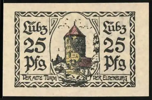 Notgeld Lübz 1923, 25 Pfennig, Der alte Turm der Eldenburg und Stadtwappen, gültig bis 31. Dez. 1923