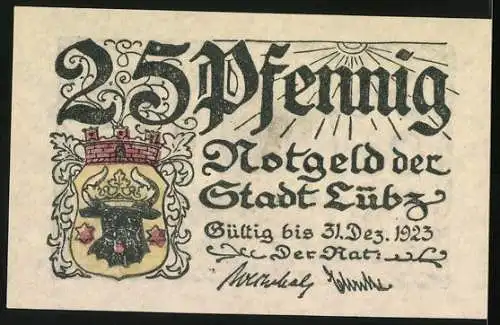 Notgeld Lübz 1923, 25 Pfennig, Der alte Turm der Eldenburg und Stadtwappen, gültig bis 31. Dez. 1923