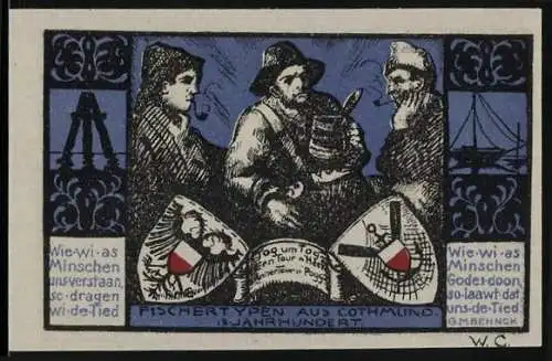 Notgeld Gothmund-Lübeck, 1921, 75 Pfennig, Fischer aus dem 18. Jahrhundert, Fischermeister, Gültig bis 31. Dezember