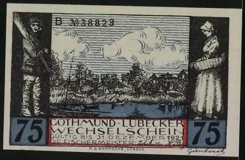 Notgeld Gothmund-Lübeck, 1921, 75 Pfennig, Fischer aus dem 18. Jahrhundert, Fischermeister, Gültig bis 31. Dezember