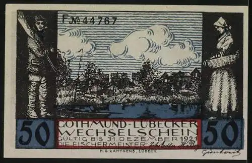 Notgeld Gothmund-Lübeck, 50 Pfennig, Fischermeister, Fischer beim Netzeflicken, Küstenlandschaft
