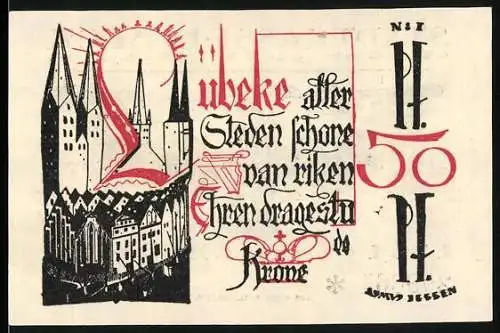 Notgeld Lübeck, 1921, 50 Pfennig, Stadtansicht und Adler mit Wappen