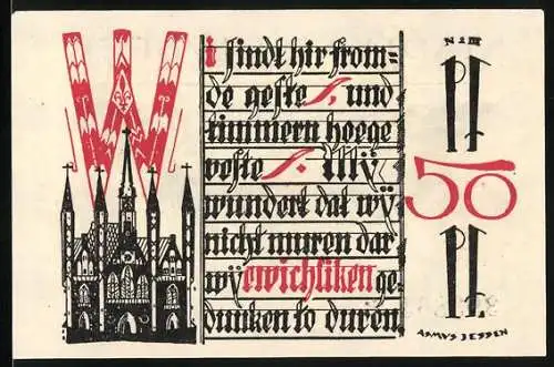 Notgeld Lübeck, 1921, 50 Pfennig, gotische Schrift und Rathausabbildung, Adler und Stadtwappen