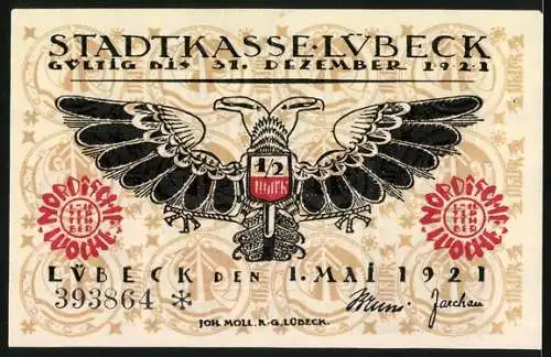 Notgeld Lübeck, 1921, 50 Pfennig, gotische Schrift und Rathausabbildung, Adler und Stadtwappen