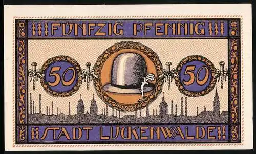 Notgeld Luckenwalde, 1921, 50 Pfennig, Design mit Melone und Stadtwappen