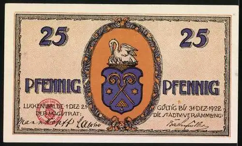 Notgeld Luckenwalde 1921, 25 Pfennig, Text `Fünfundzwanzig Pfennig`, Webstuhl und Stadtansicht, Wappen und Schwan