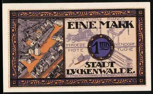 Notgeld Luckenwalde, 1921, 1 Mark und 100 Pfennig, Stadtansicht und Wappen, Motorspritzen Pianos