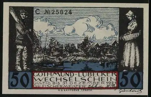 Notgeld Gothmund-Lübeck 1921, 50 Pfennig, Reetdachhaus und Fischer bei der Arbeit