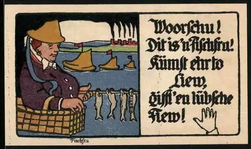 Notgeld Lübeck, 1921, 50 Penning, Plattdeutsche Volksgill, Fischerin und Segelschiff