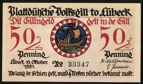 Notgeld Lübeck, 1921, 50 Penning, Plattdeutsche Volksgill, Fischerin und Segelschiff