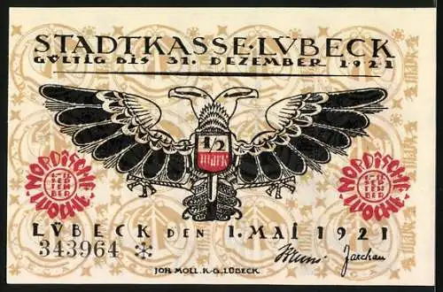 Notgeld Lübeck, 1921, 50 Pf, Stadtwappen und Stadtansicht, gültig bis 31. Dezember 1921