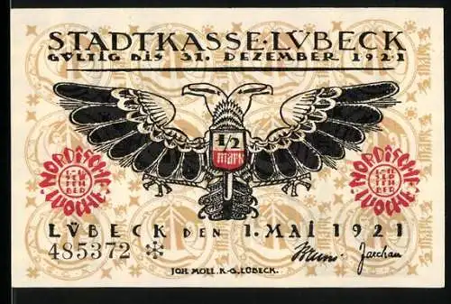 Notgeld Lübeck 1921, 1 /2 Mark, Adler mit Stadtwappen und Schriftzug auf Rückseite