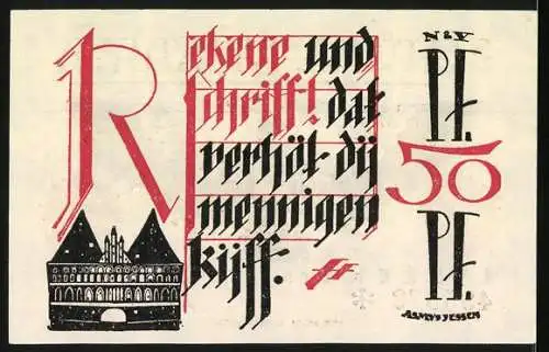 Notgeld Lübeck 1921, 1 /2 Mark, Adler mit Stadtwappen und Schriftzug auf Rückseite