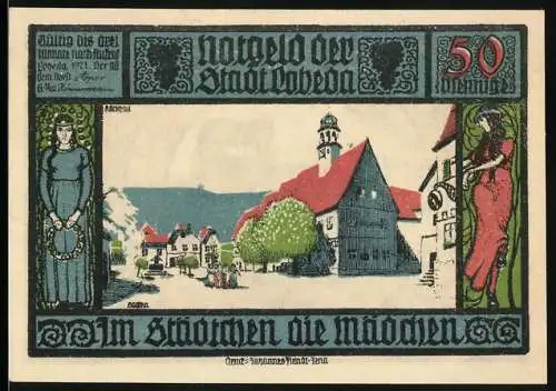 Notgeld Lobeda, 1921, 50 Pfennig, Stadtansicht und Burgruine mit Figuren