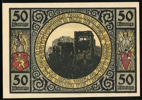 Notgeld Lobeda, 1921, 50 Pfennig, Burgruine und Stadtansicht mit Ritter und Stadtbewohner