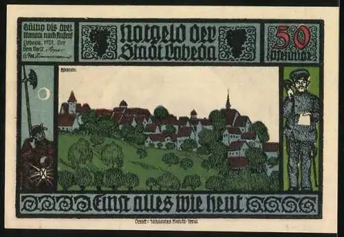 Notgeld Lobeda, 1921, 50 Pfennig, Burgruine und Stadtansicht mit Ritter und Stadtbewohner