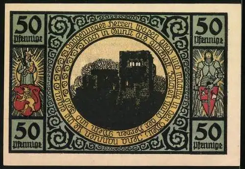 Notgeld Lobeda 1921, 50 Pfennig, Burgruine und Rittersymbolik